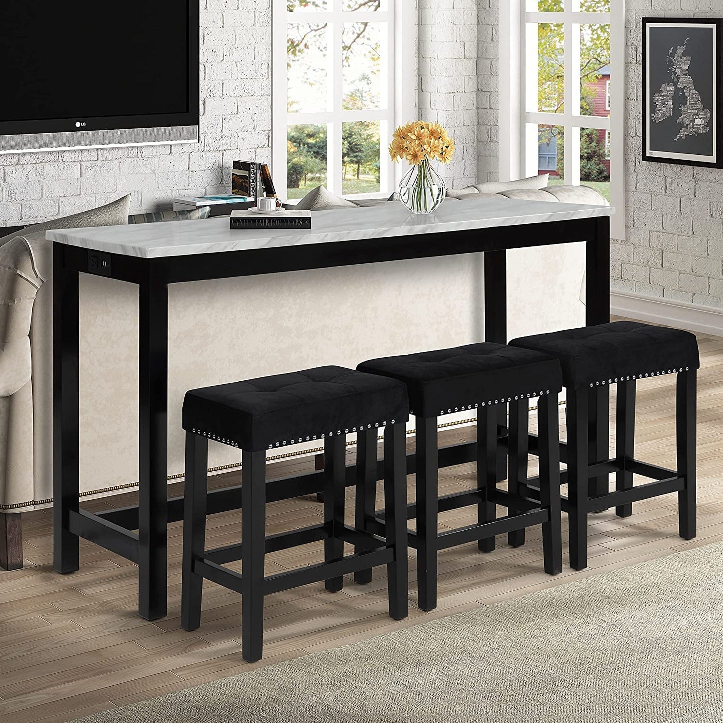 Furniture World Faux Marble Pub Table With 3 Gray Stools